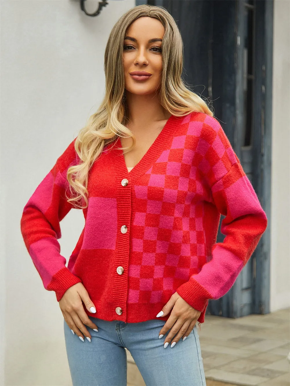 Plaid V-Neck Dropped Shoulder Cardigan, image 5