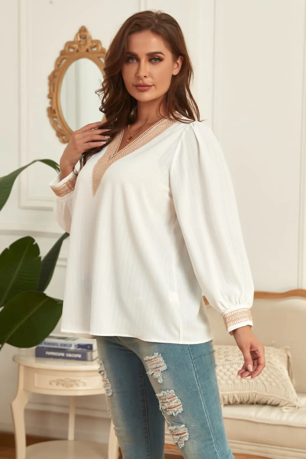 Melo Apparel Plus Size V-Neck Puff Sleeve Blouse, image 2