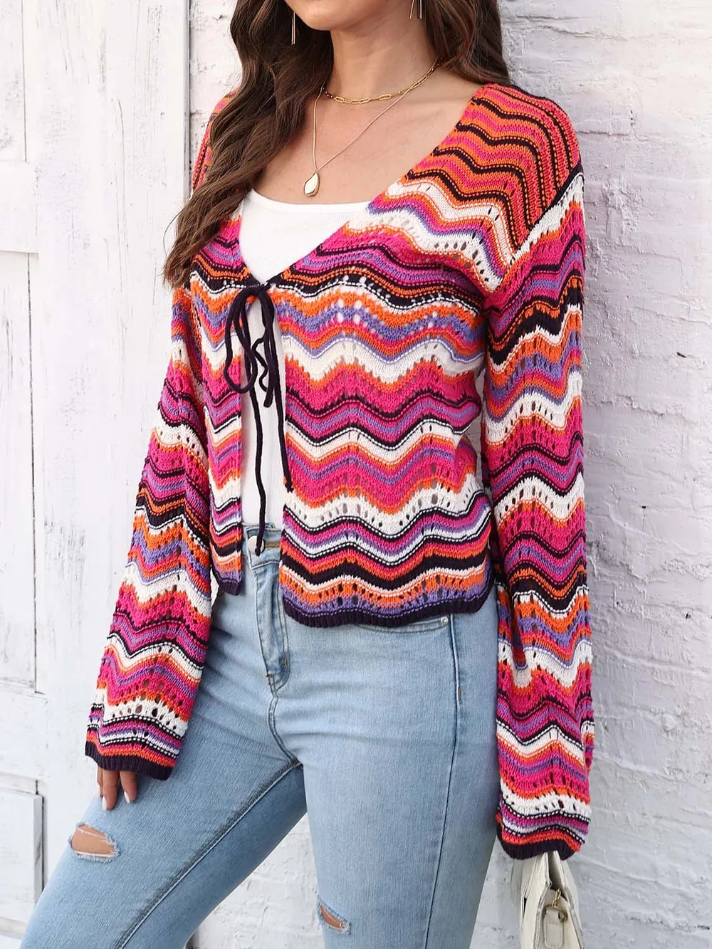 Striped Openwork Tied Cardigan, image 3