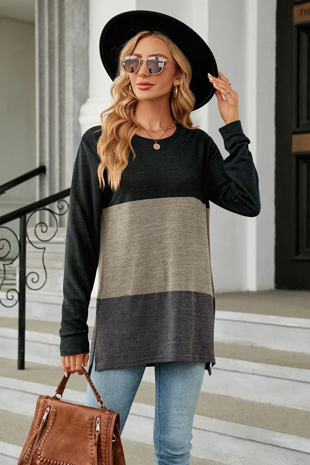 Color Block Round Neck Long Sleeve Slit T-Shirt, image 16