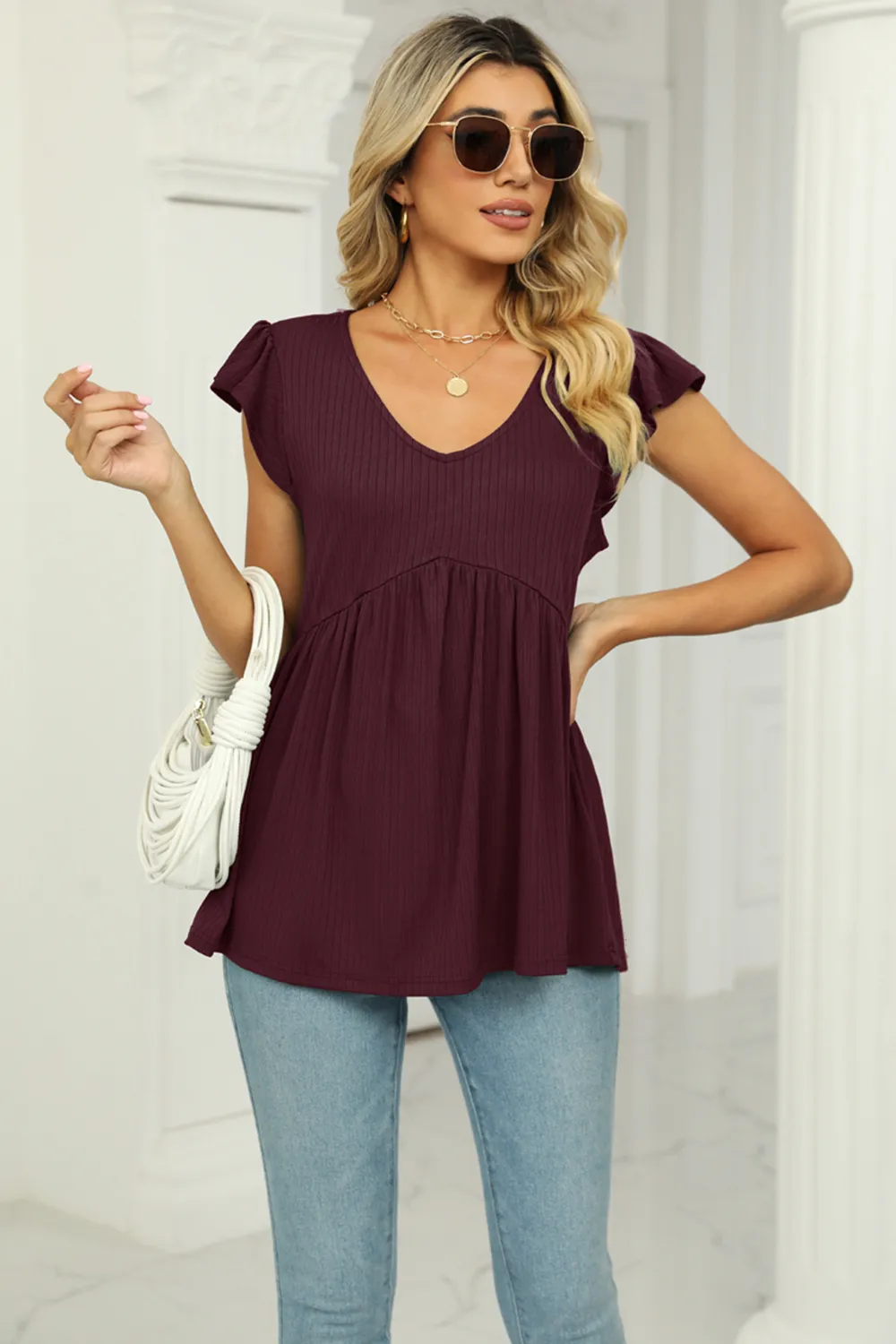 V-Neck Flutter Sleeve Babydoll Blouse, image 4