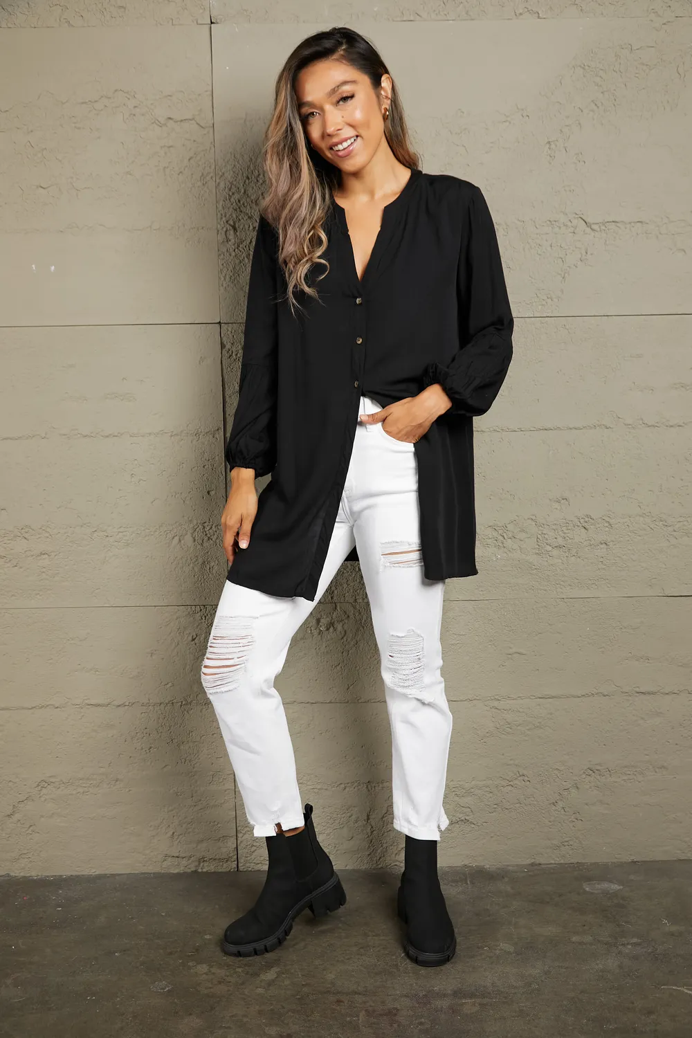 Notched Neck Balloon Sleeve Shirt, image 5