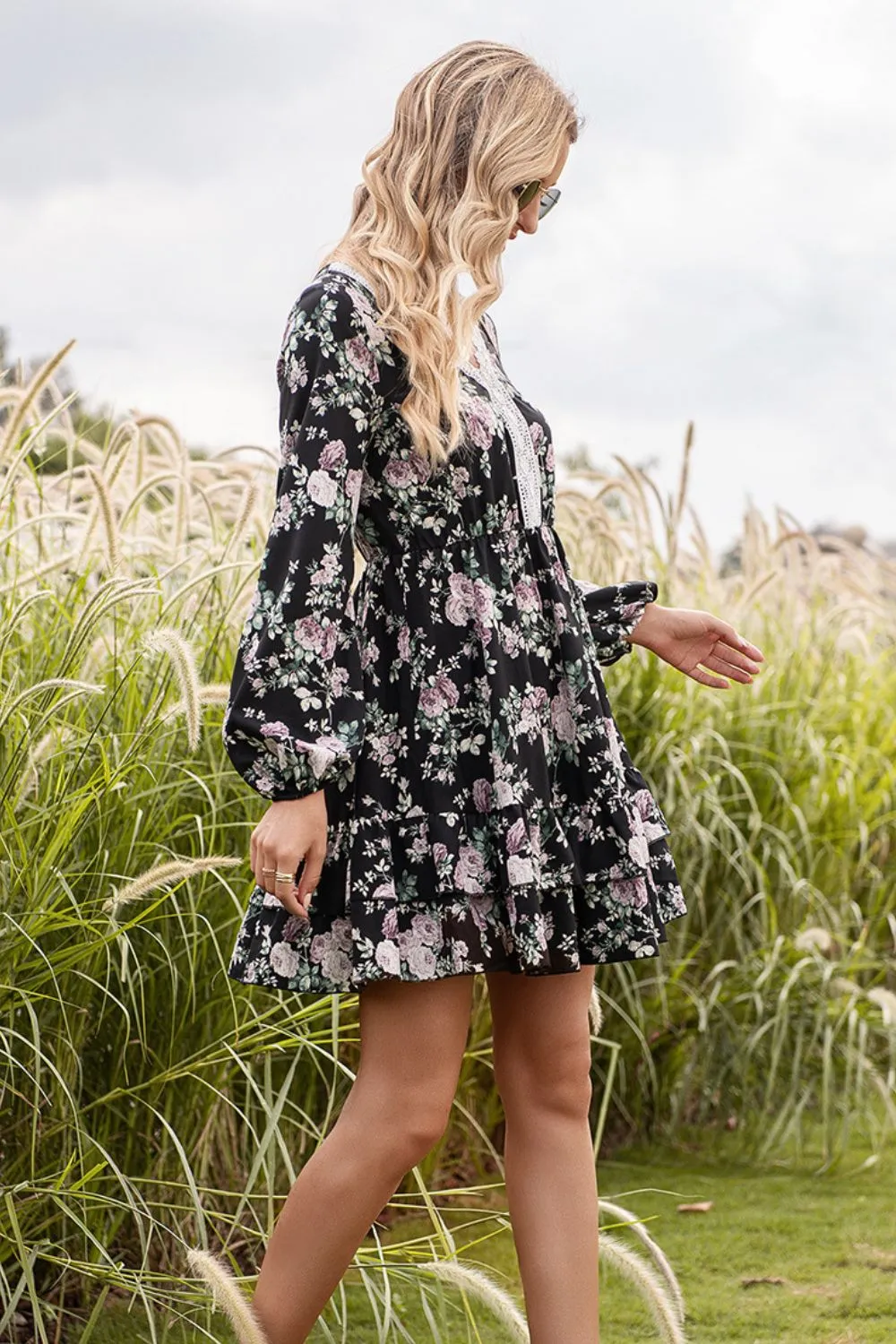 Floral Lace Trim Long Sleeve Dress, image 5
