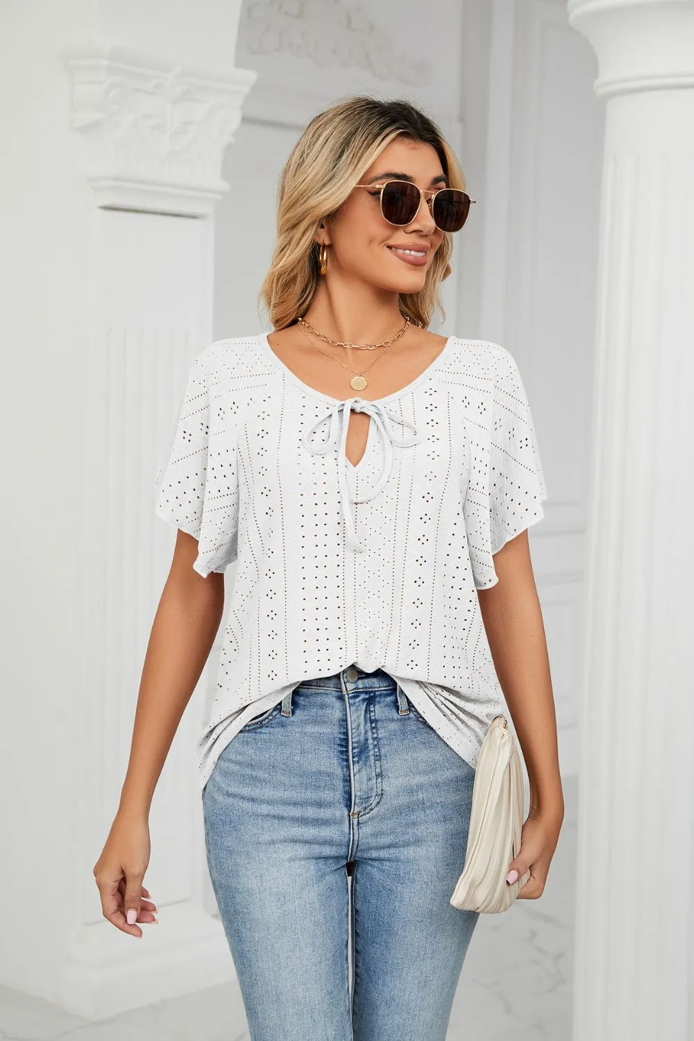Eyelet Tie-Neck Flutter Sleeve Top, image 5