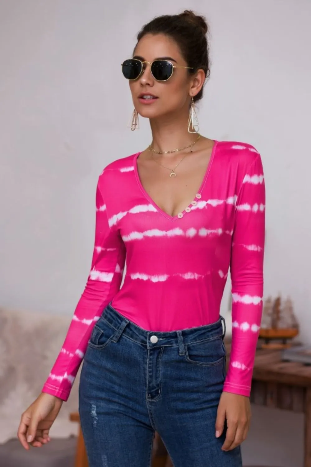 Tie-Dye Plunge Long Sleeve Top, image 5
