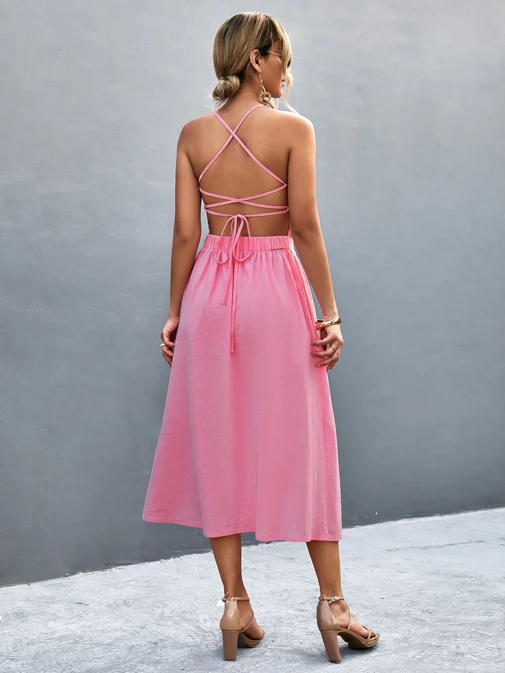Buttoned Halter Neck Frill Trim Midi Dress, image 5