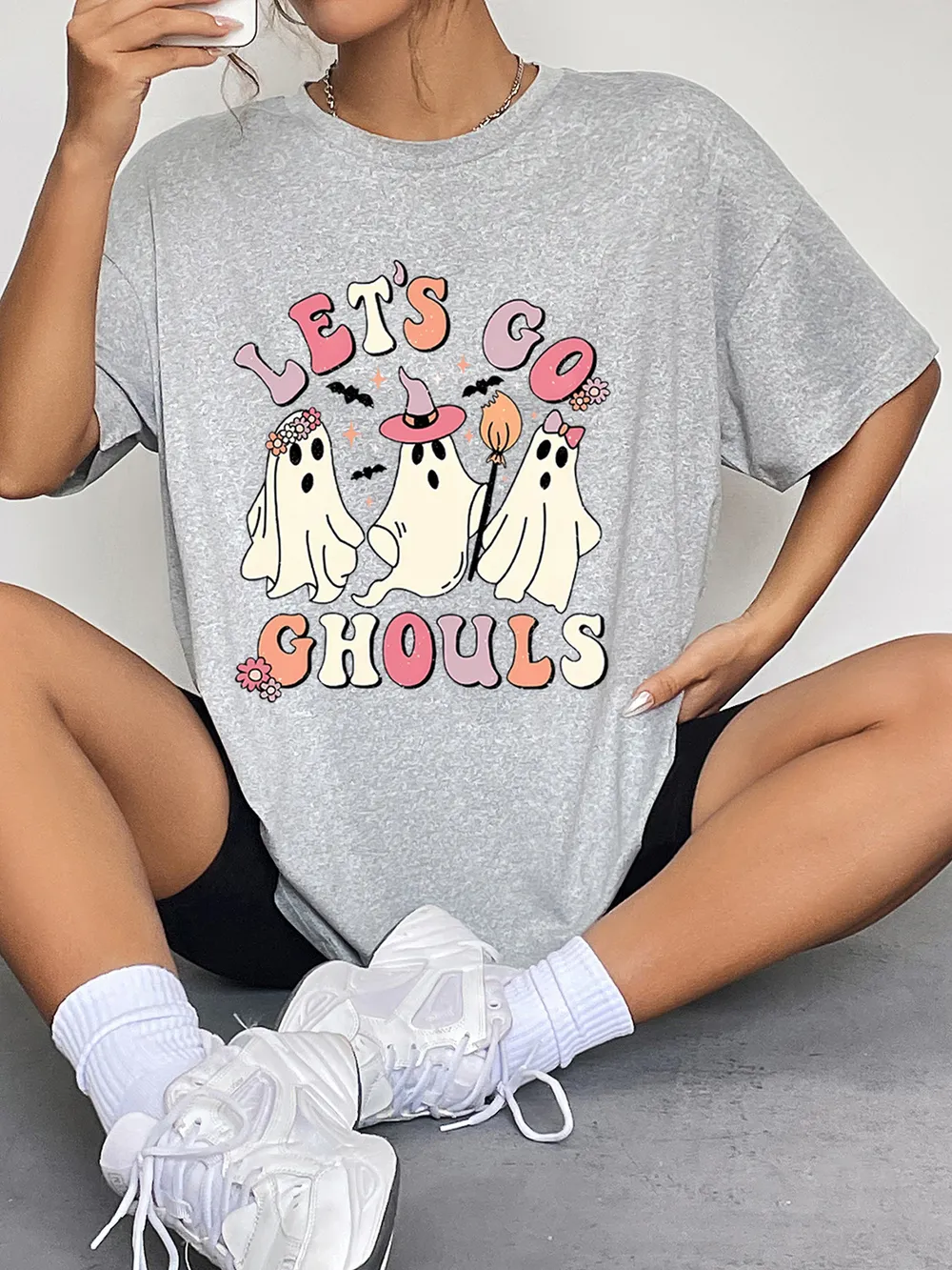 Round Neck Short Sleeve LET'S GO GHOULS Graphic T-Shirt, image 7