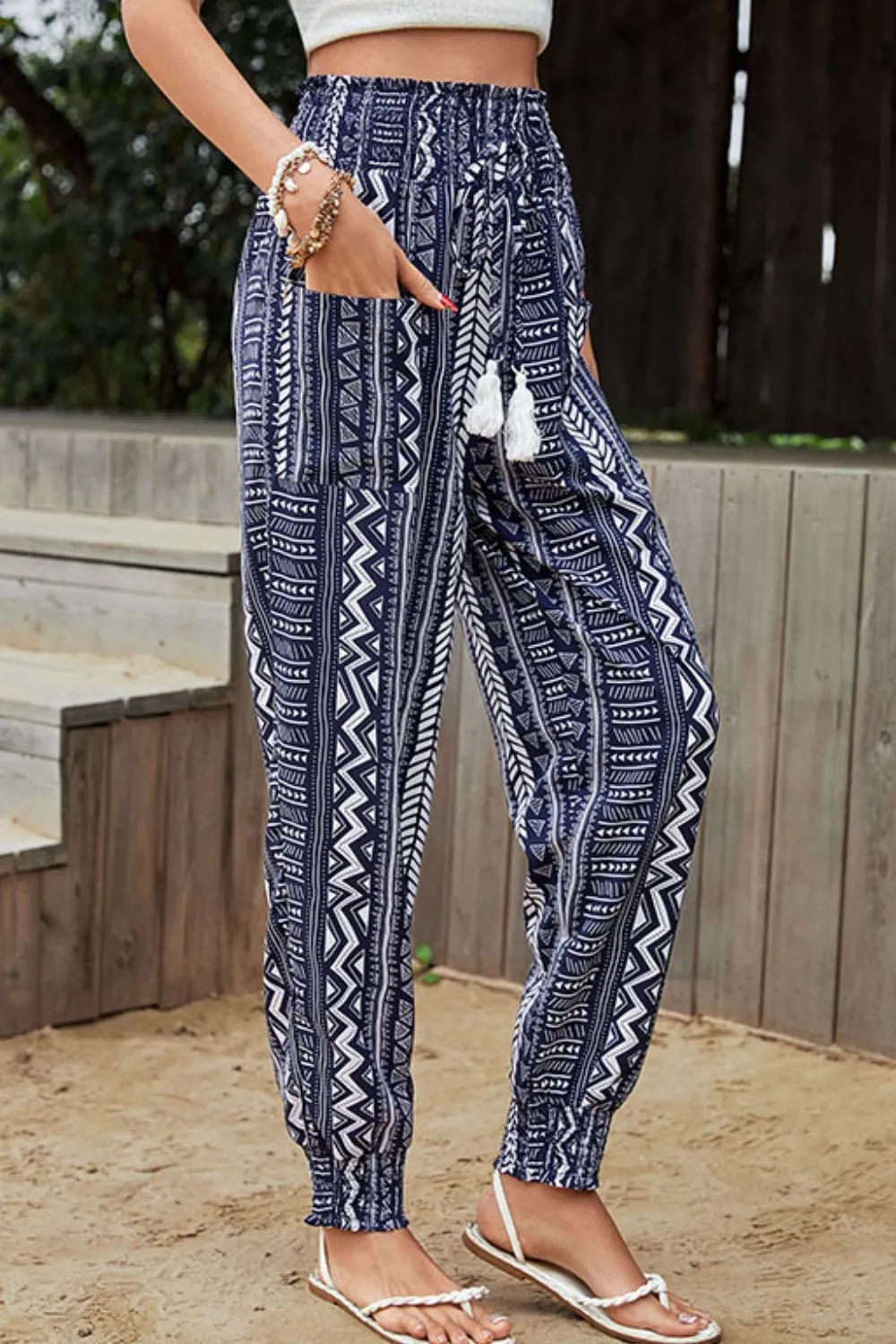 Geometric Print Tassel High-Rise Pants, image 2