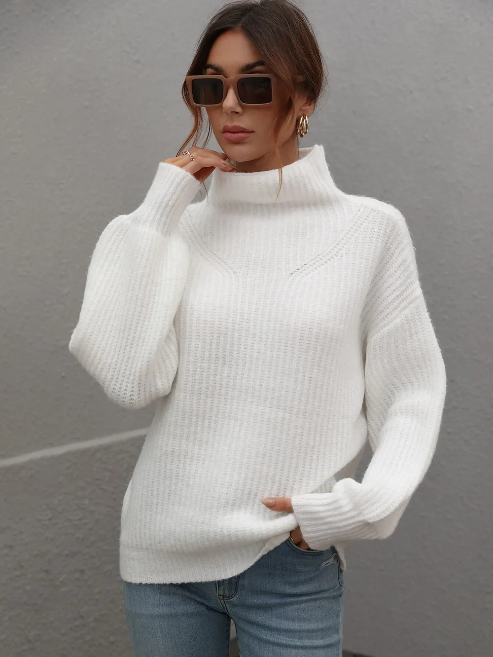High Neck Balloon Sleeve Rib-Knit Pullover Sweater, image 10