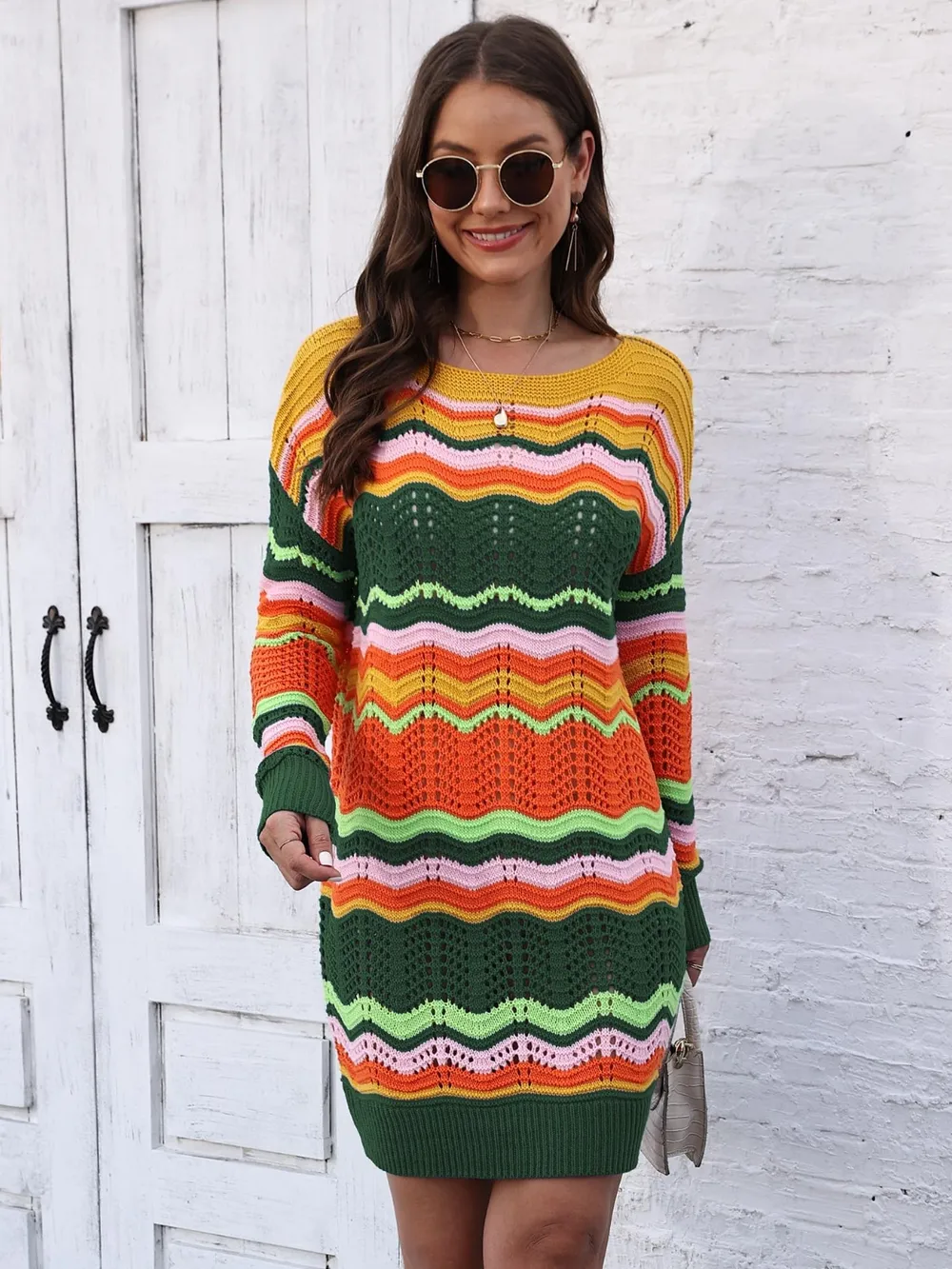 Openwork Round Neck Sweater Dress, image 8