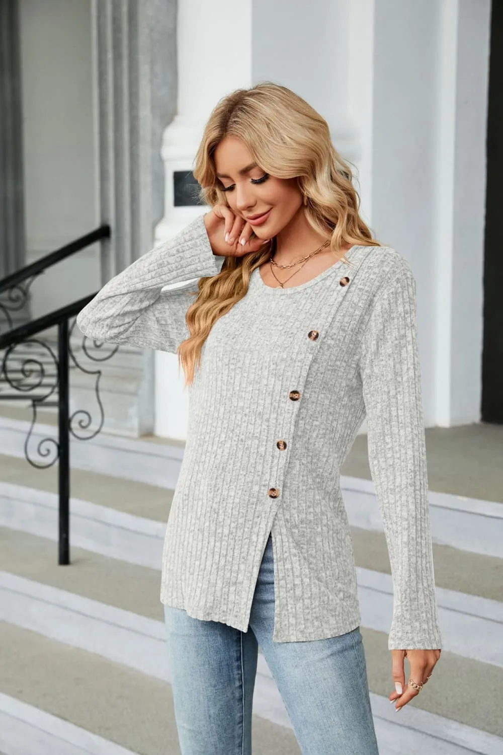 Buttoned Long Sleeve Slit Top, image 9