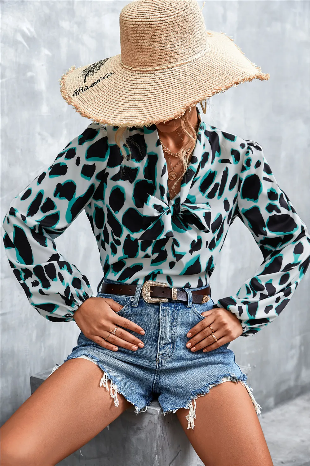 Printed Tie Neck Puff Sleeve Blouse, image 9