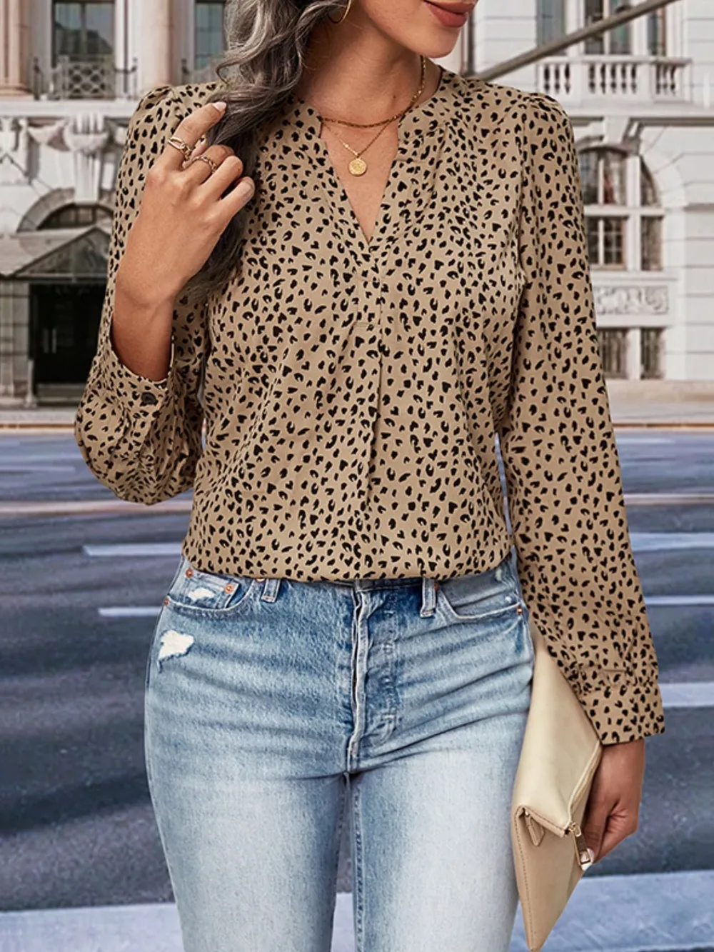 Leopard Notched Neck Puff Sleeve Blouse, image 3