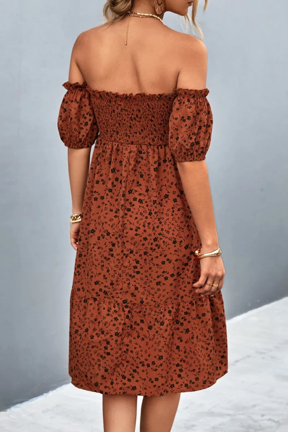 Ditsy Floral Smocked Frill Trim Off-Shoulder Dress, image 4