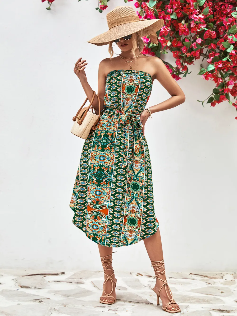 Printed Strapless Tie Belt Dress, image 8