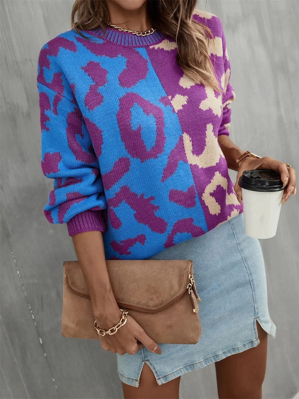 Leopard Round Neck Long Sleeve Sweater, image 8