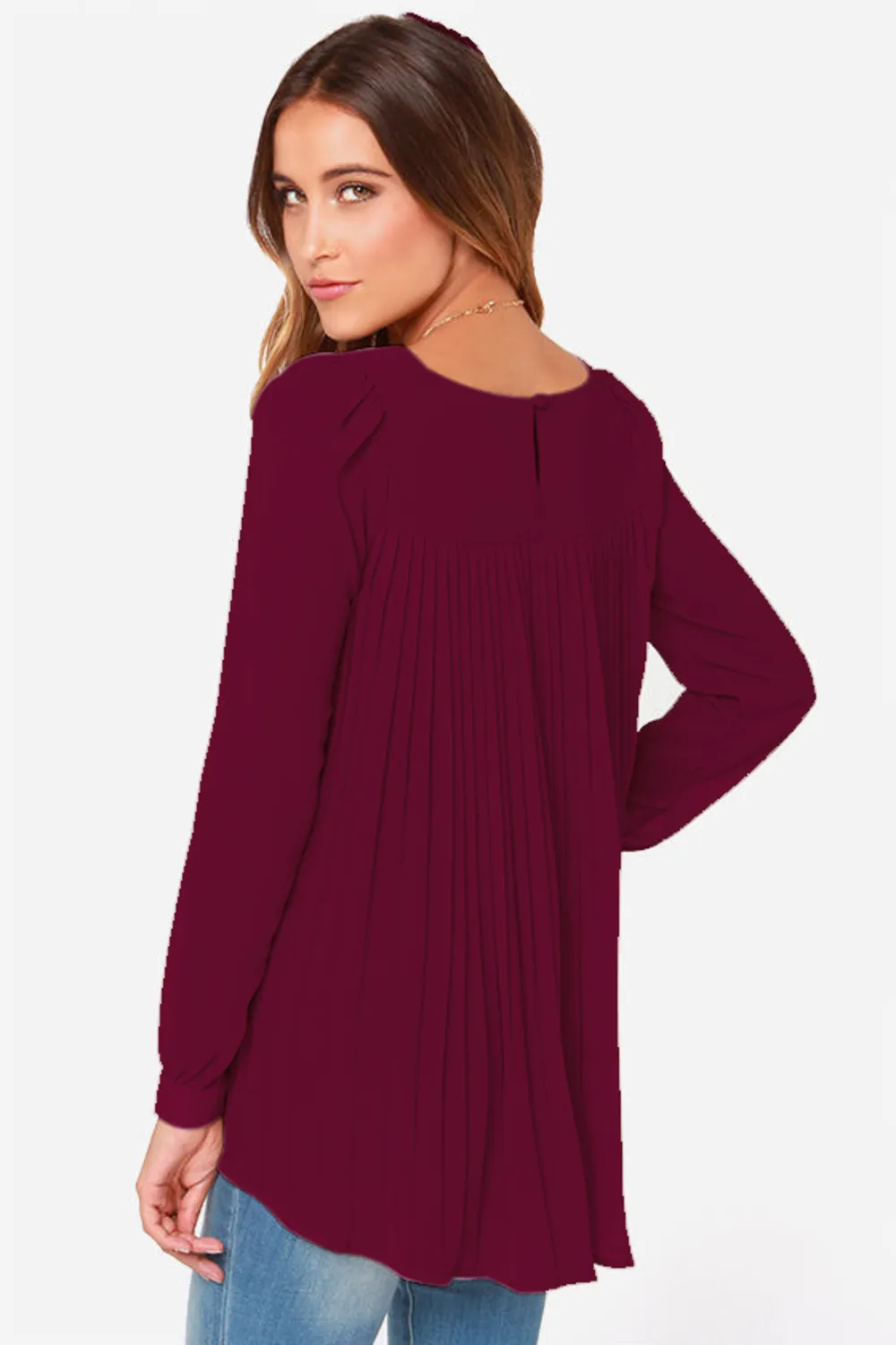 Full Size Round Neck Back Pleated Blouse, image 5