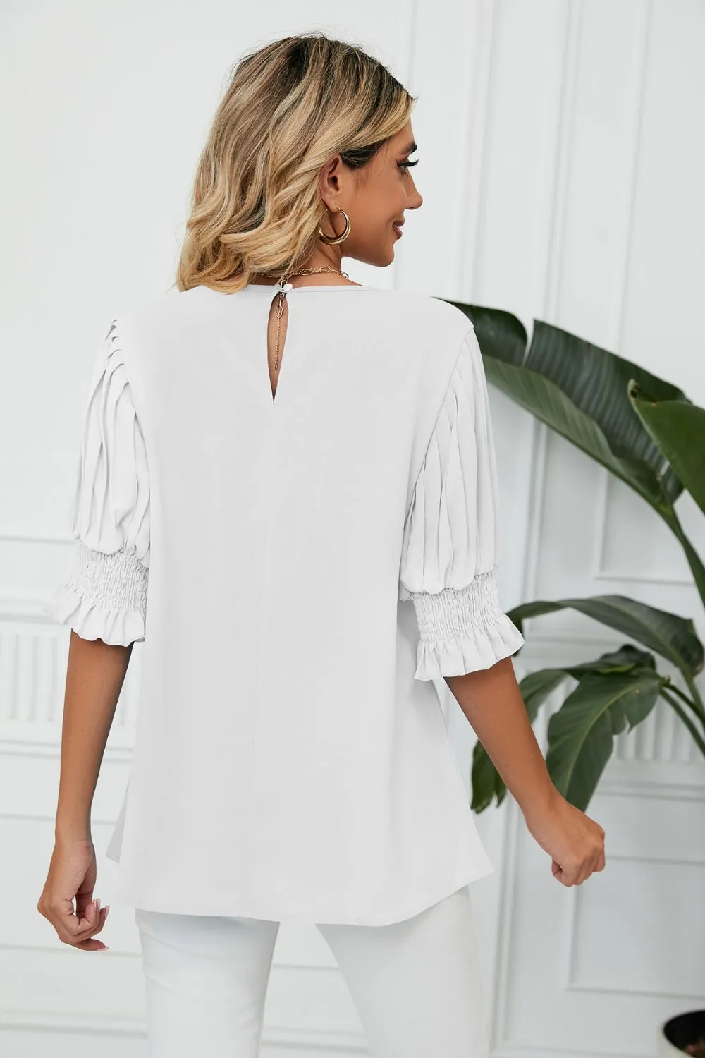 Pleated Flounce Sleeve Keyhole Blouse, image 5