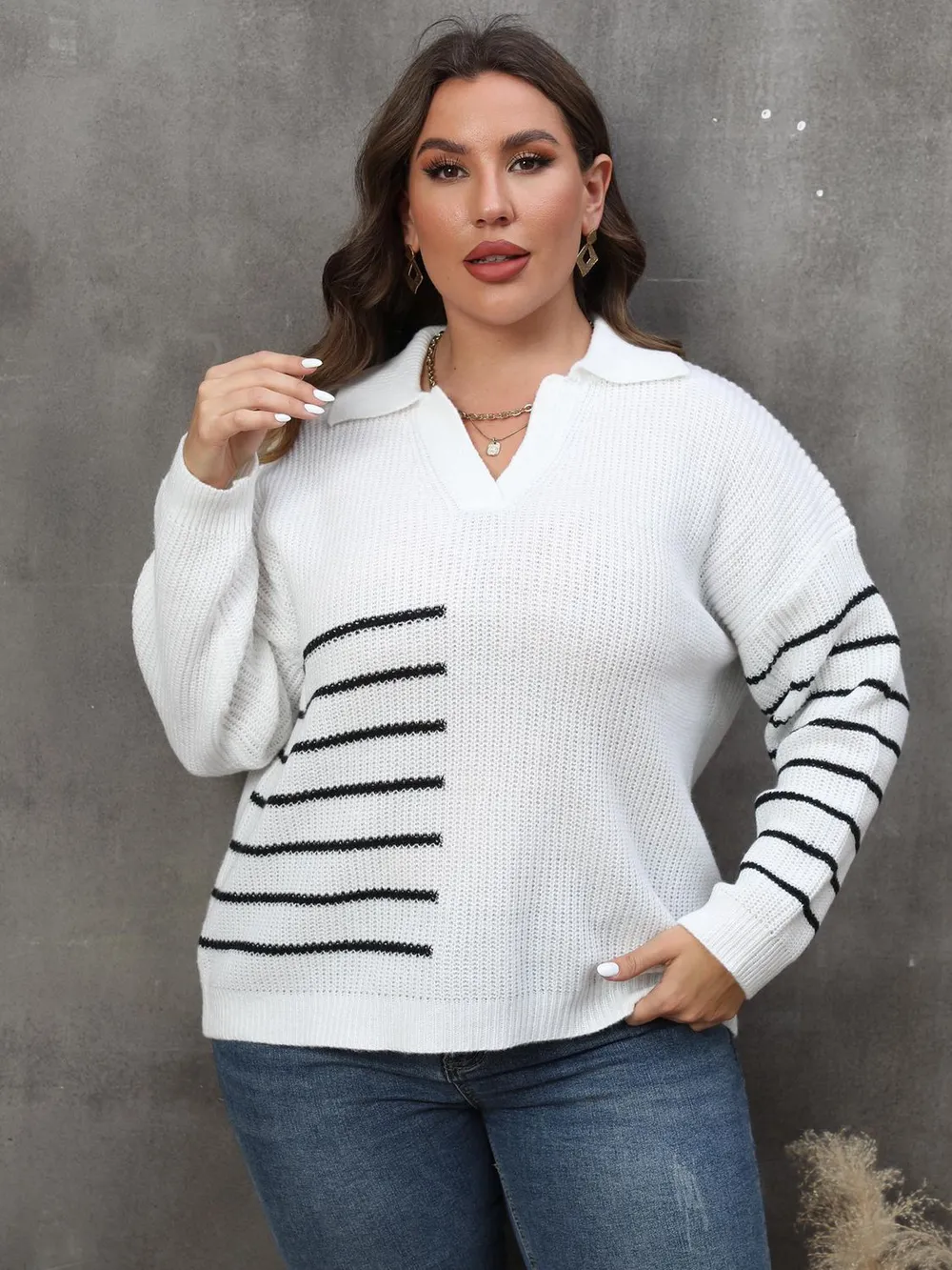 Plus Size Striped V-Neck Sweater, image 2