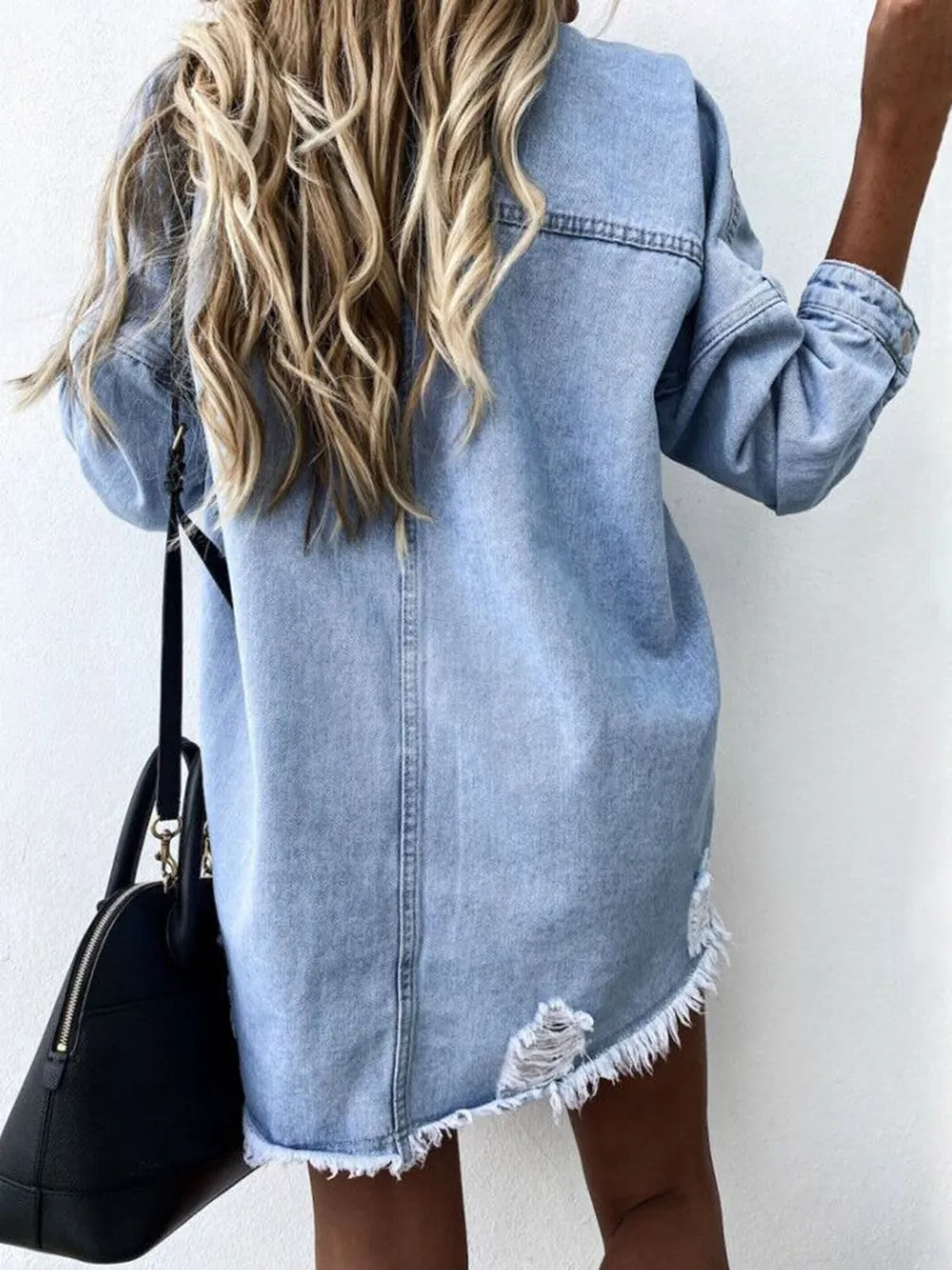 Raw Hem Collared Neck Long Sleeve Denim Jacket, image 3