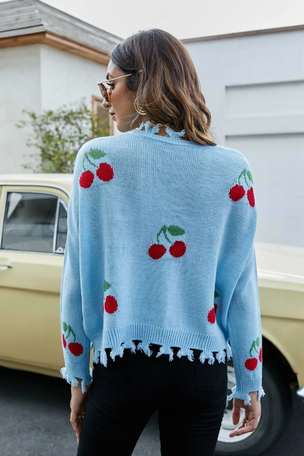Cherry Pattern Frayed Trim V-Neck Sweater, image 5