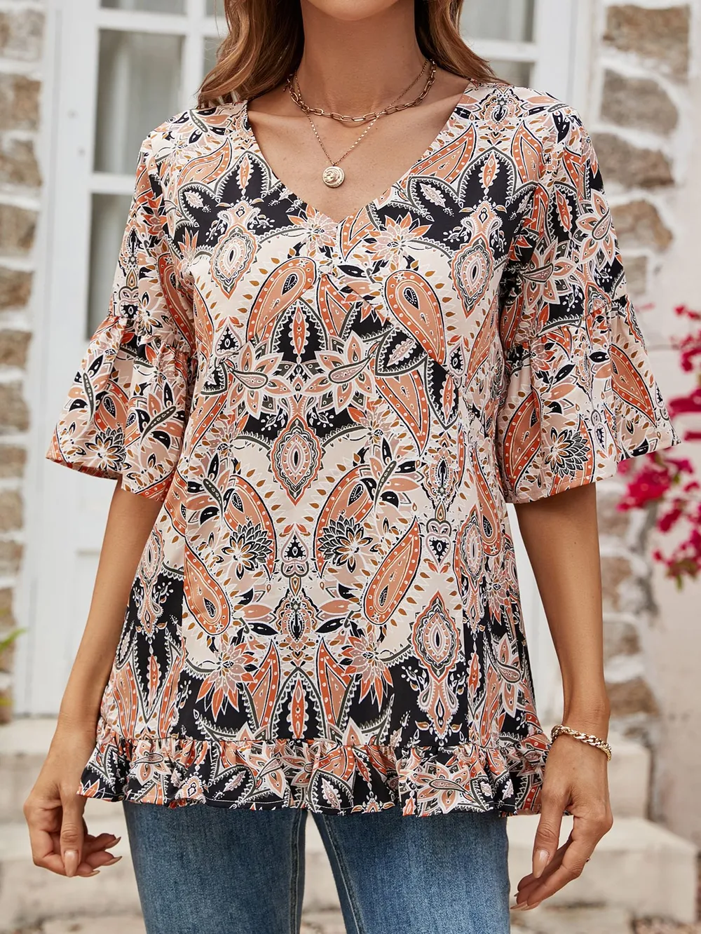 Printed Flounce Sleeve Ruffle Hem Blouse, image 9
