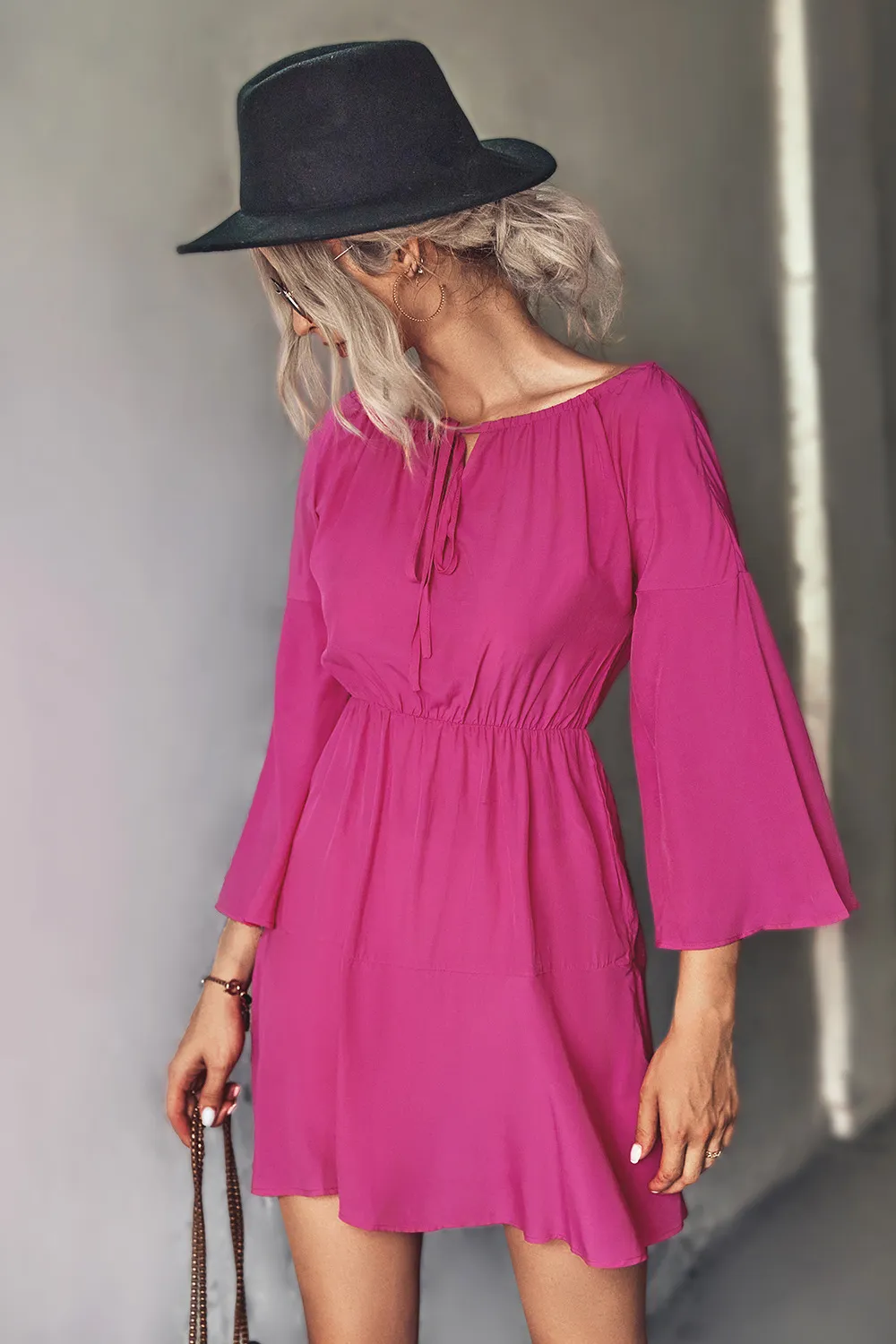 Tie Neck Flare Sleeve Mini Dress, image 4