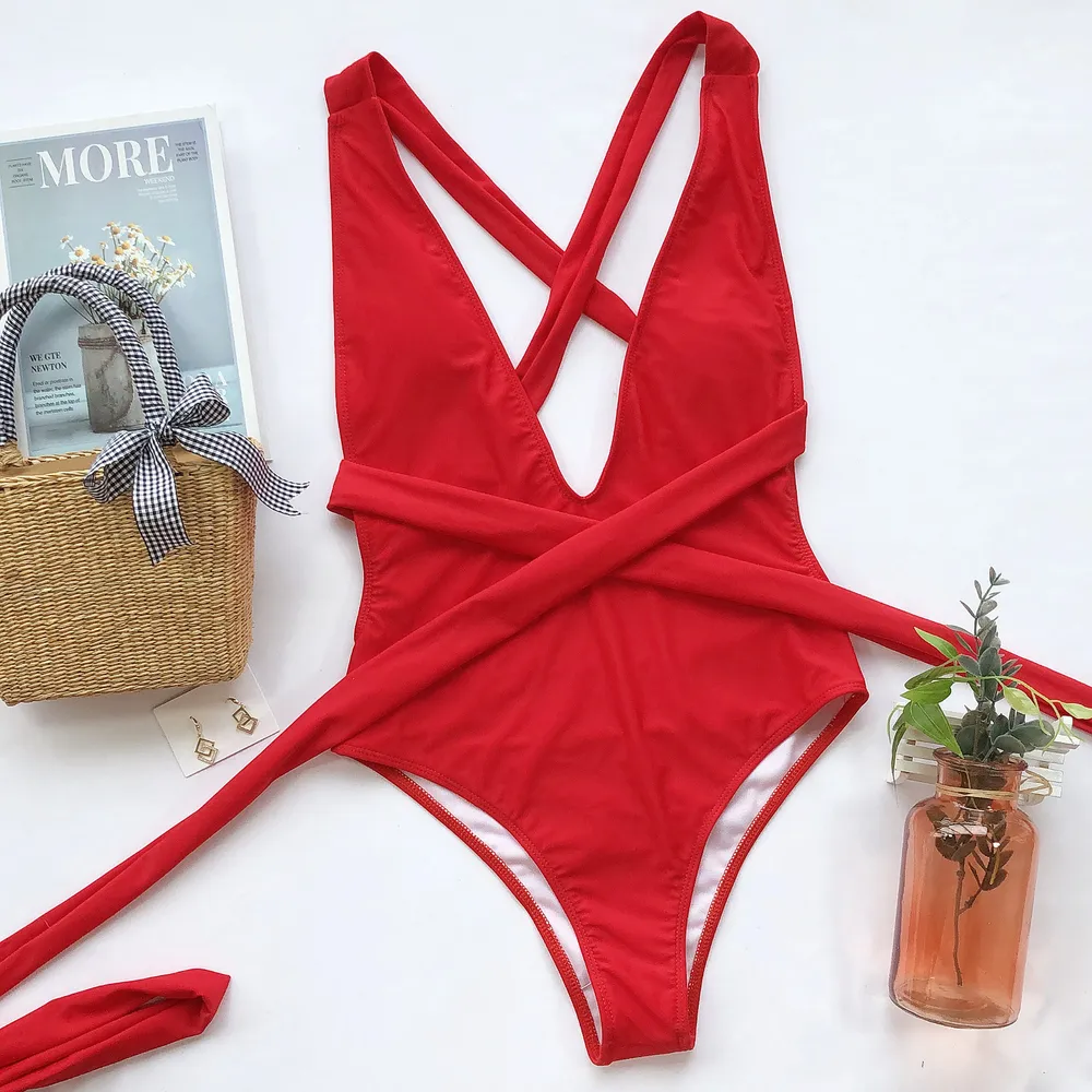 Halter Neck Deep V Tied One-Piece Swimsuit, image 8