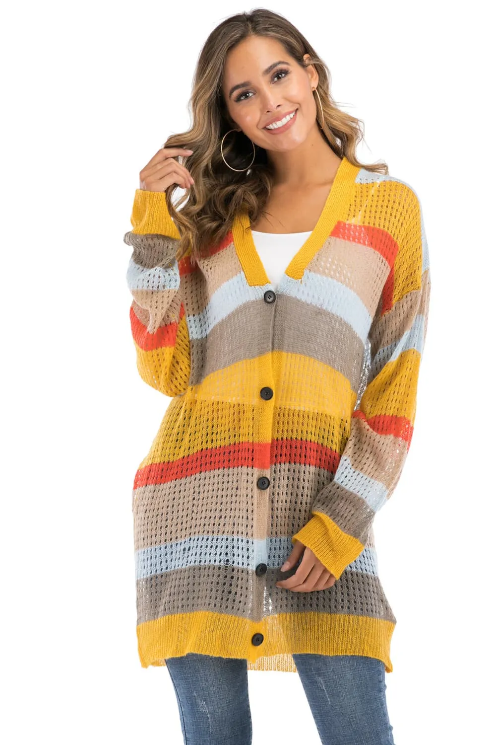 Color Block Openwork Long Sleeve Cardigan, image 3