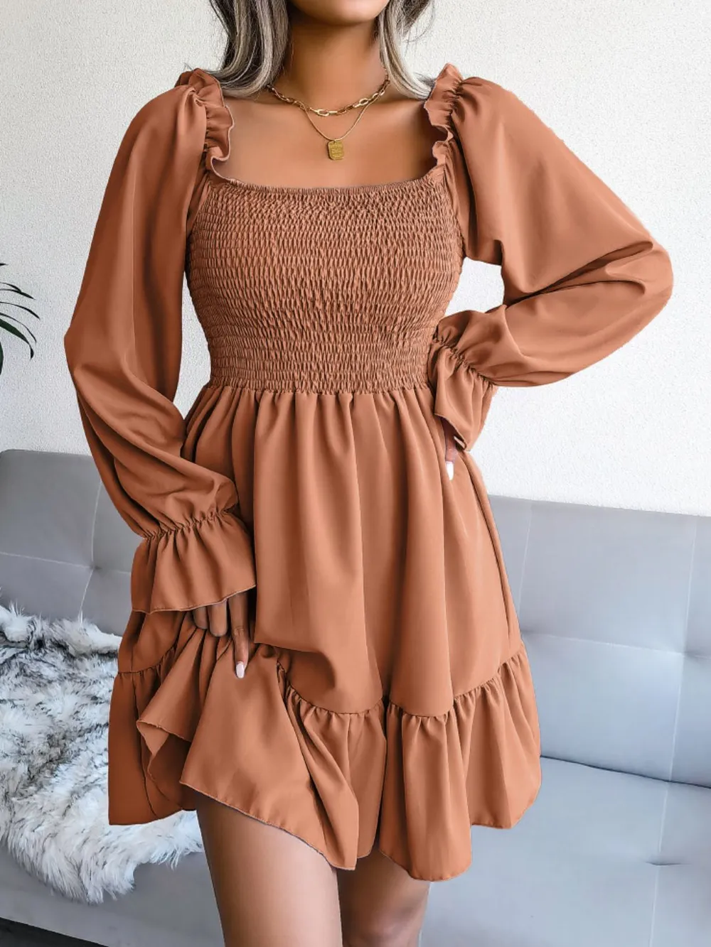 Smocked Flounce Sleeve Square Neck Dress, image 19