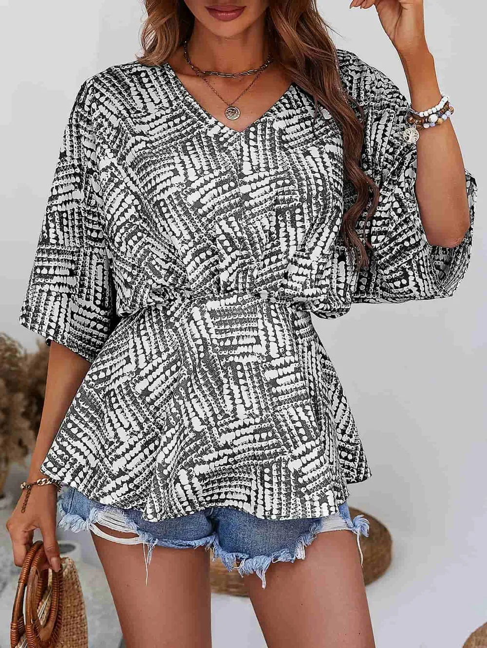 Printed V-Neck Dolman Sleeve Blouse, image 4