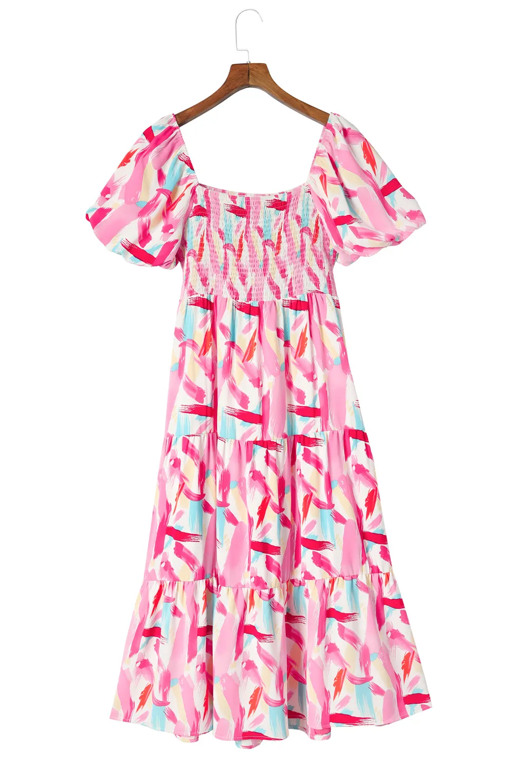 Printed Square Neck Tied Smocked Dress, image 3