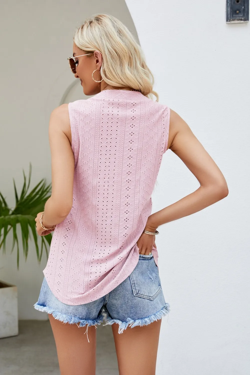 Notched Neck Curved Hem Eyelet Tank, image 21