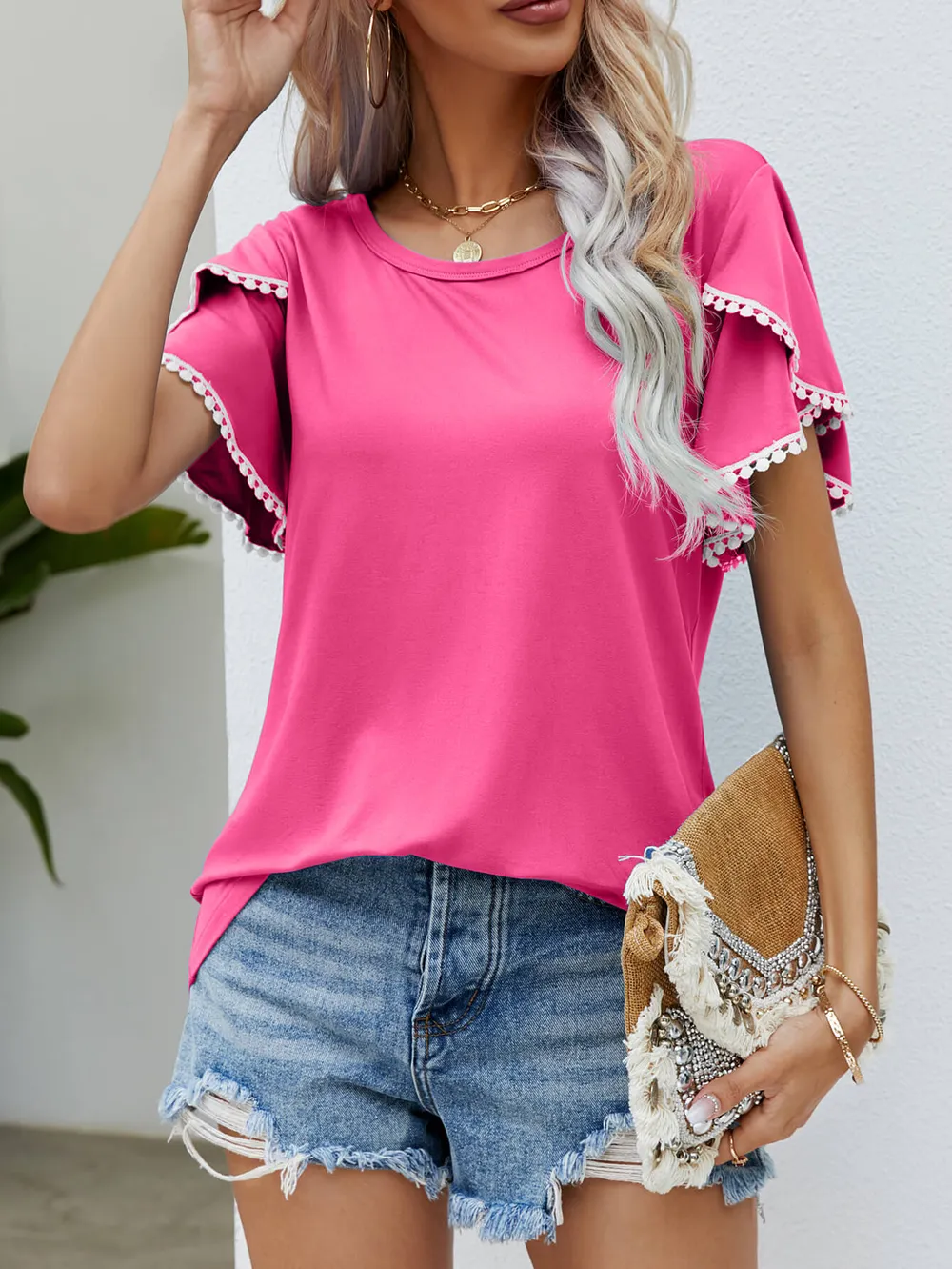 Pom-Pom Trim Flutter Sleeve Round Neck Tee, image 8