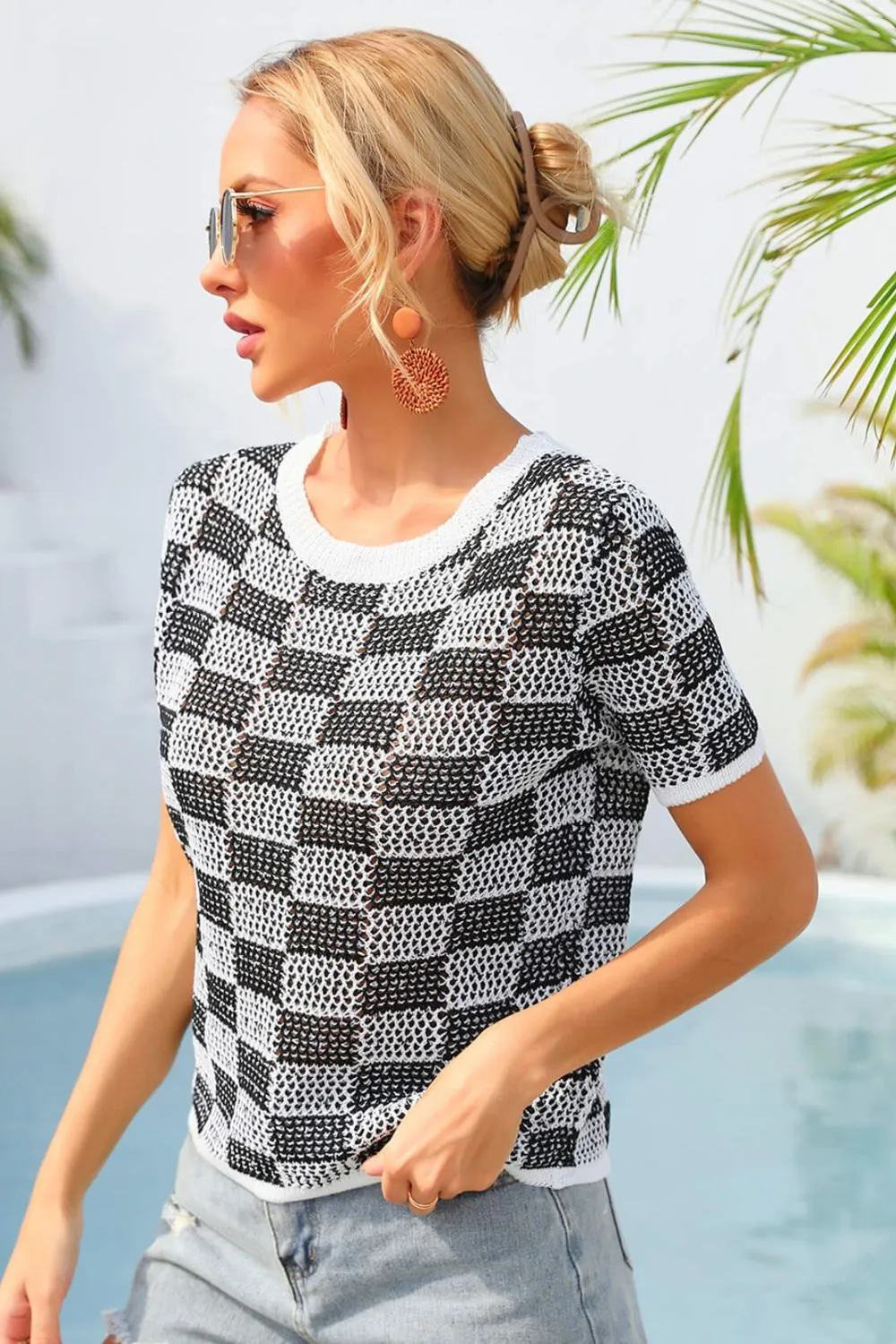 Checkered Short Sleeve Knit Top, image 7