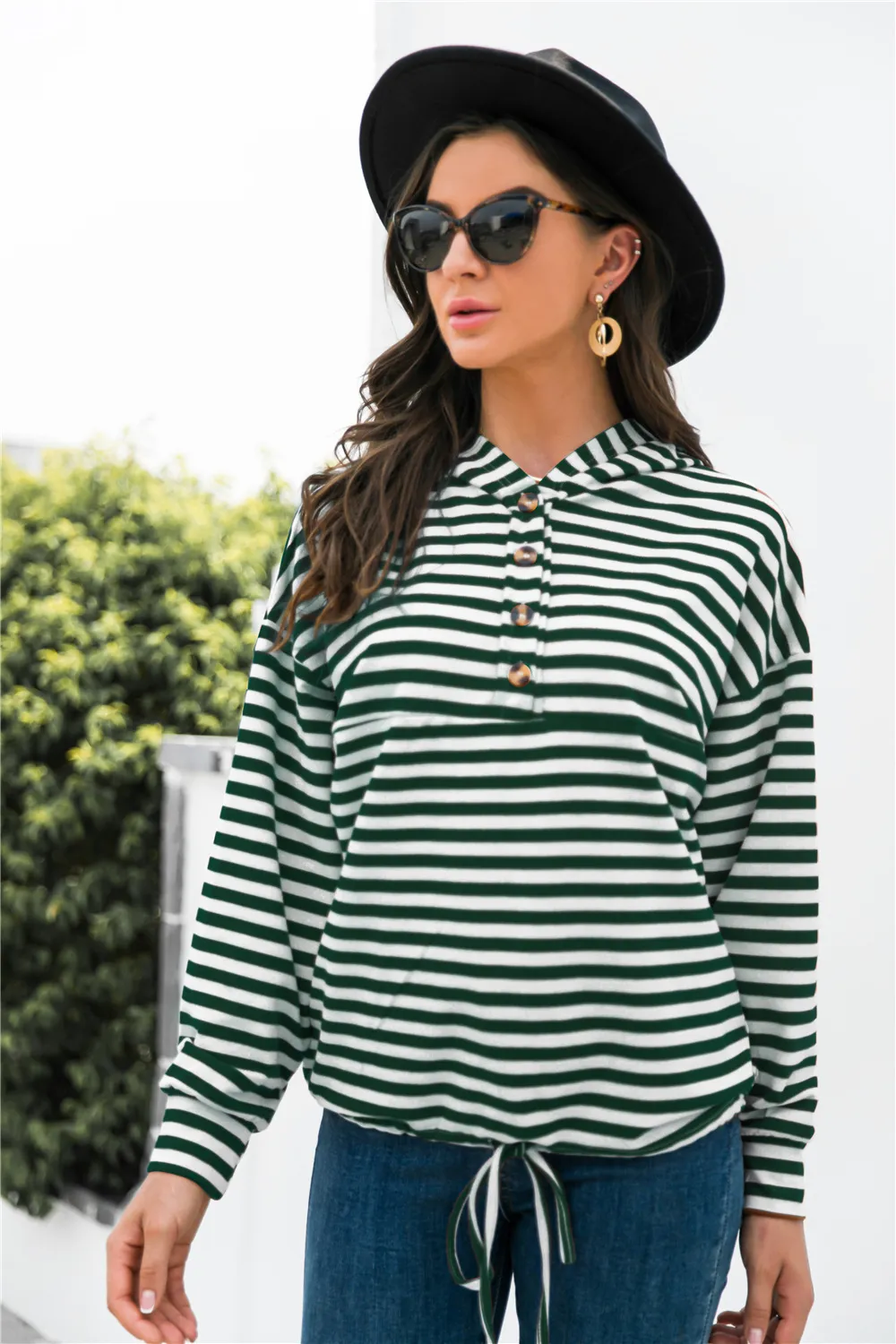 Striped Half-Button Dropped Shoulder Hoodie, image 5