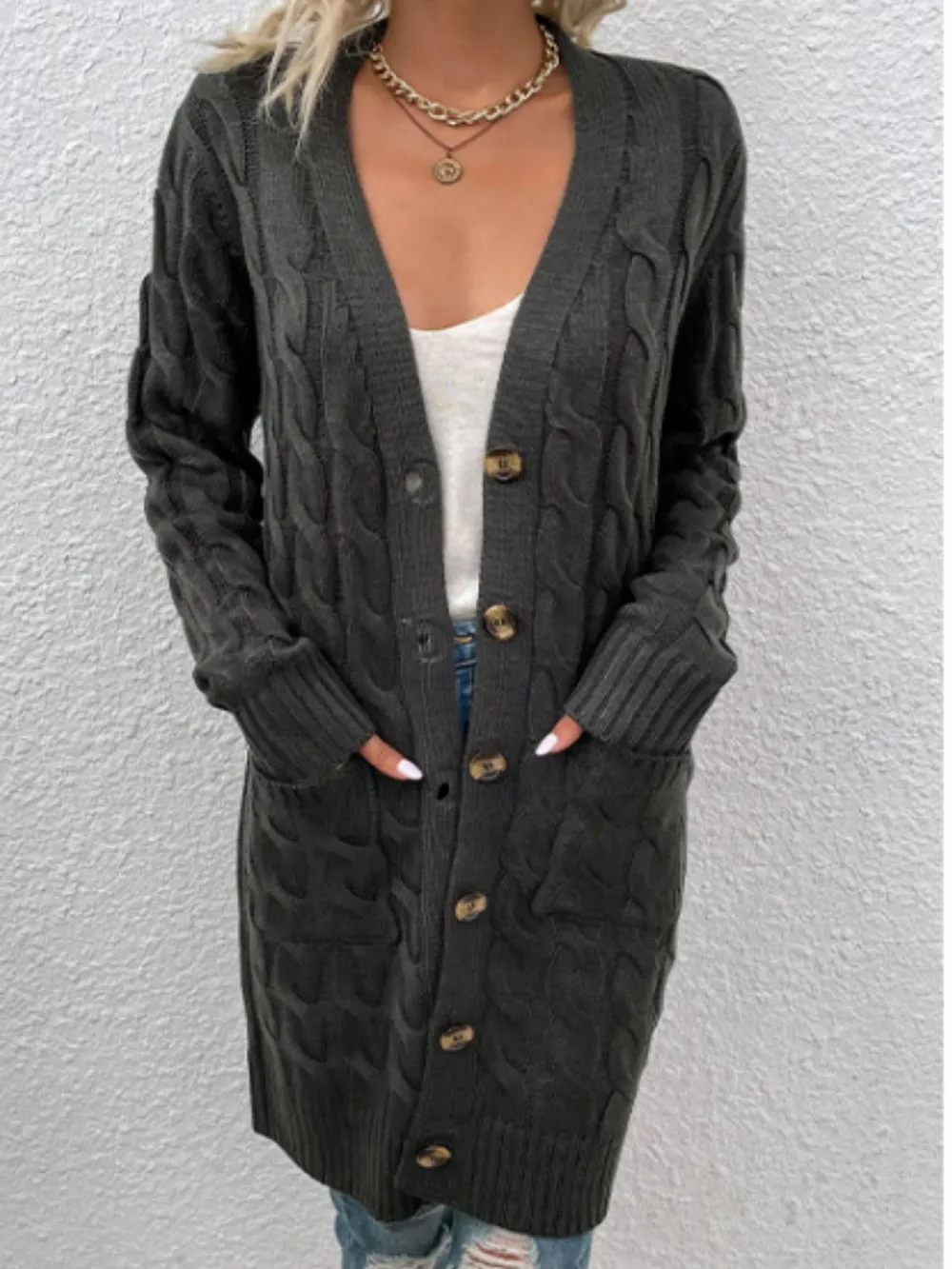 Cable-Knit Button Down Cardigan with Pockets, image 11
