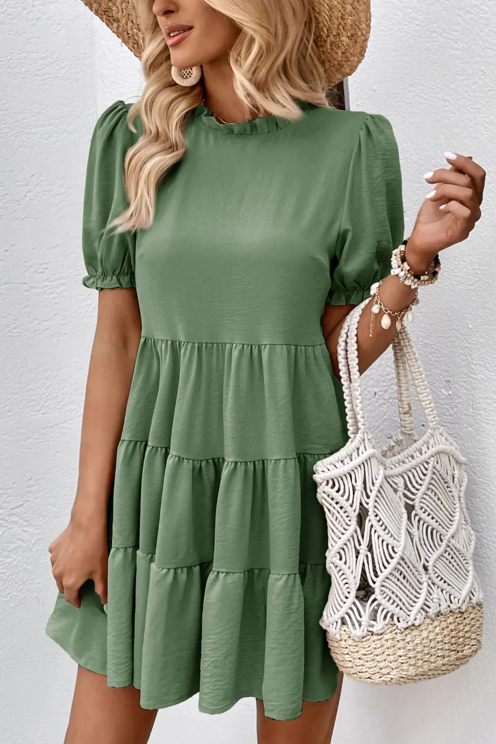 Puff Sleeve Tie Back Tiered Dress, image 6