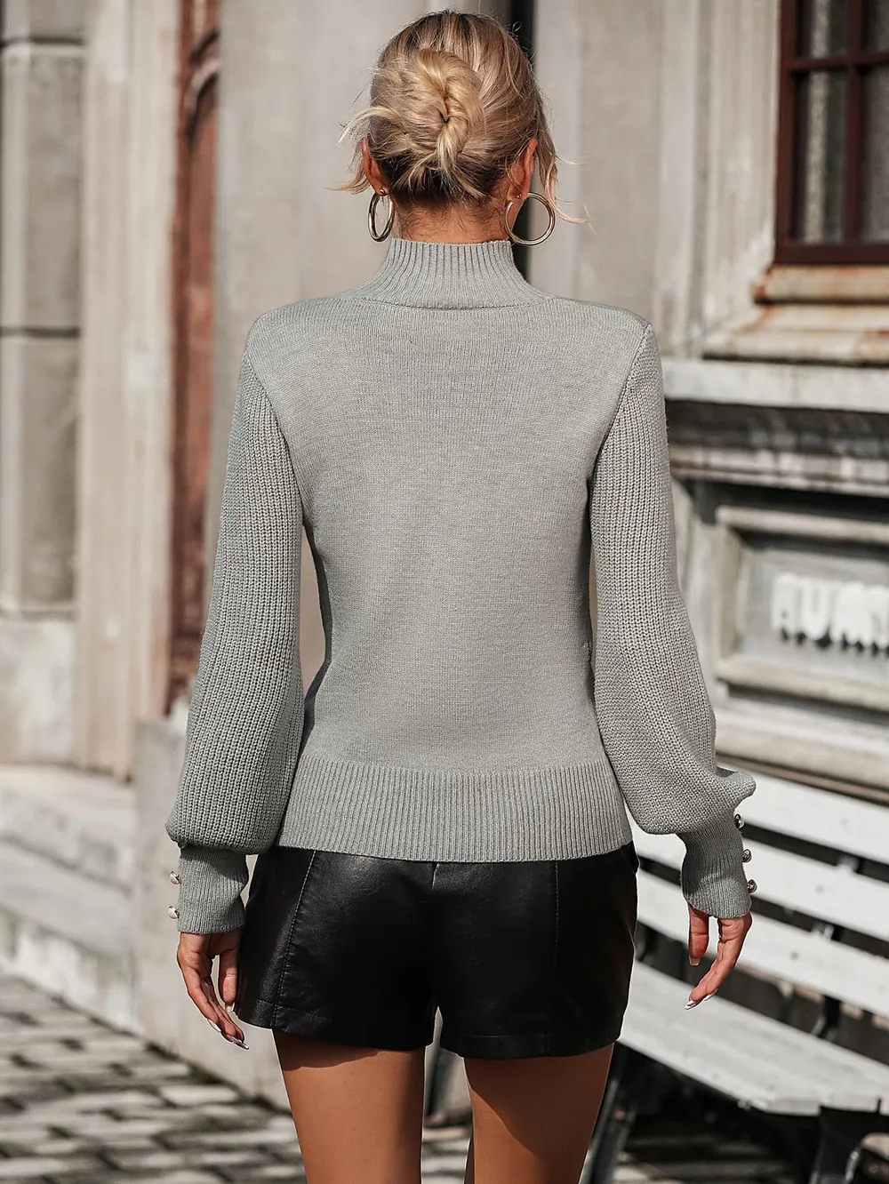 Mock Neck Ribbed Lantern Sleeve Pullover Sweater, image 5