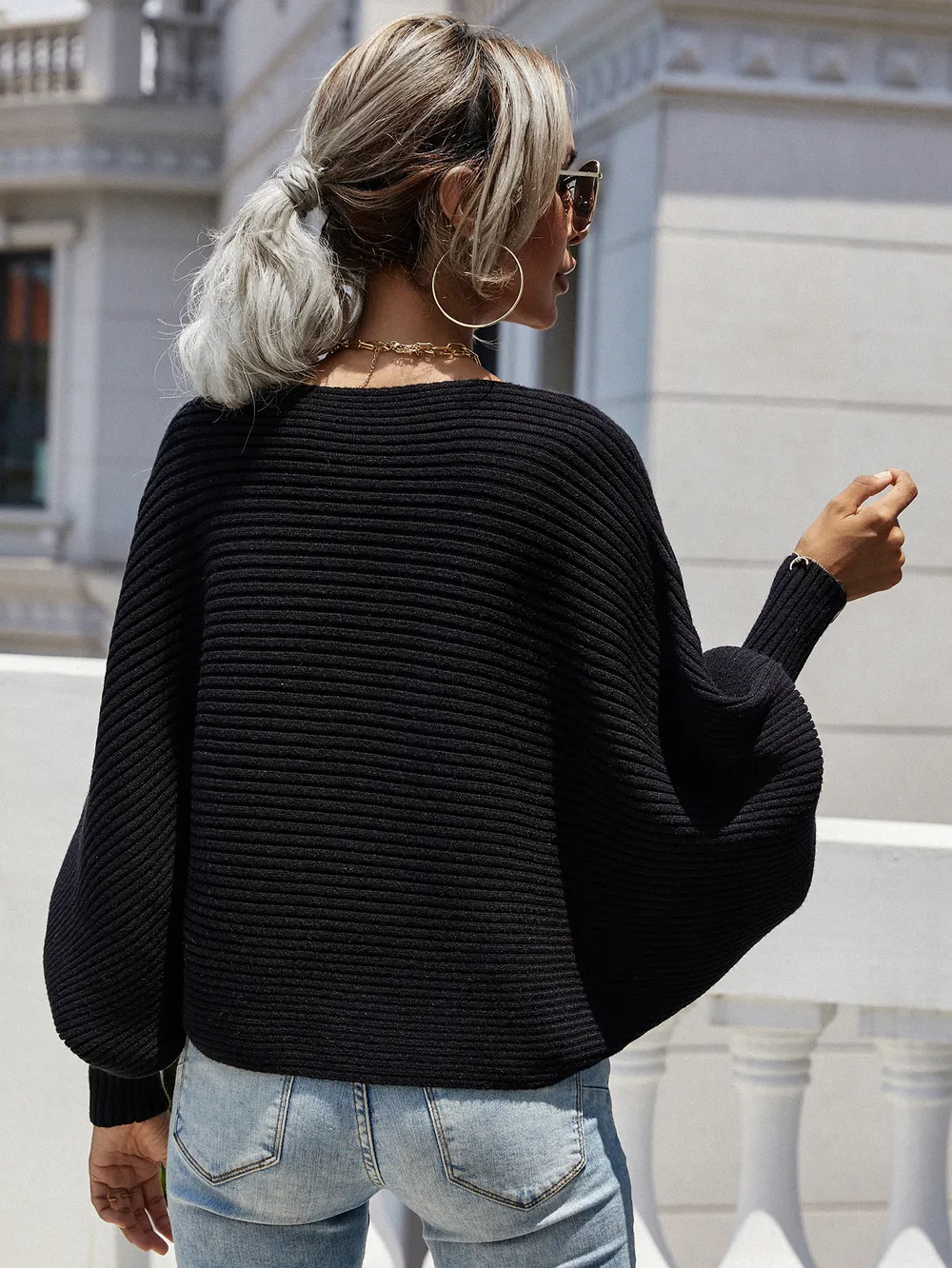 Horizontal Ribbing Dolman Sleeve Sweater, image 9