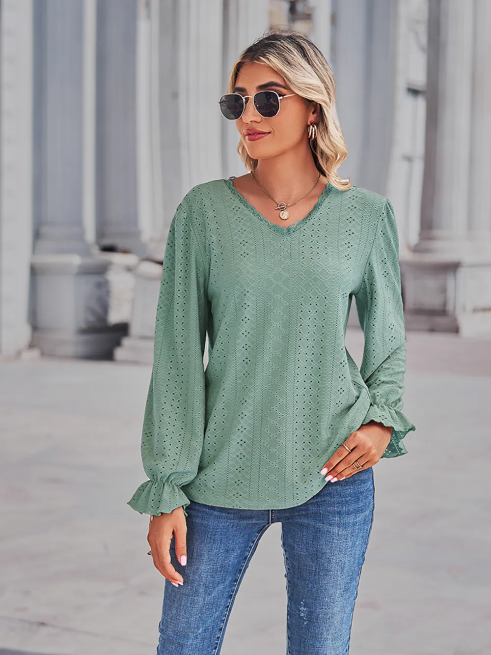 Eyelet V-Neck Flounce Sleeve Blouse, image 2