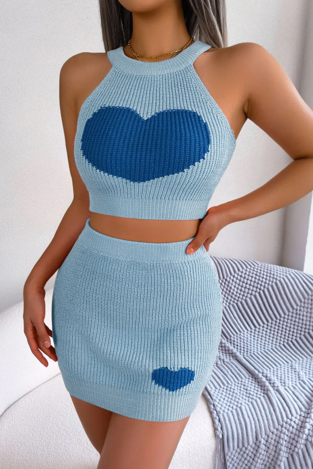 Heart Contrast Ribbed Sleeveless Knit Top and Skirt Set, image 8