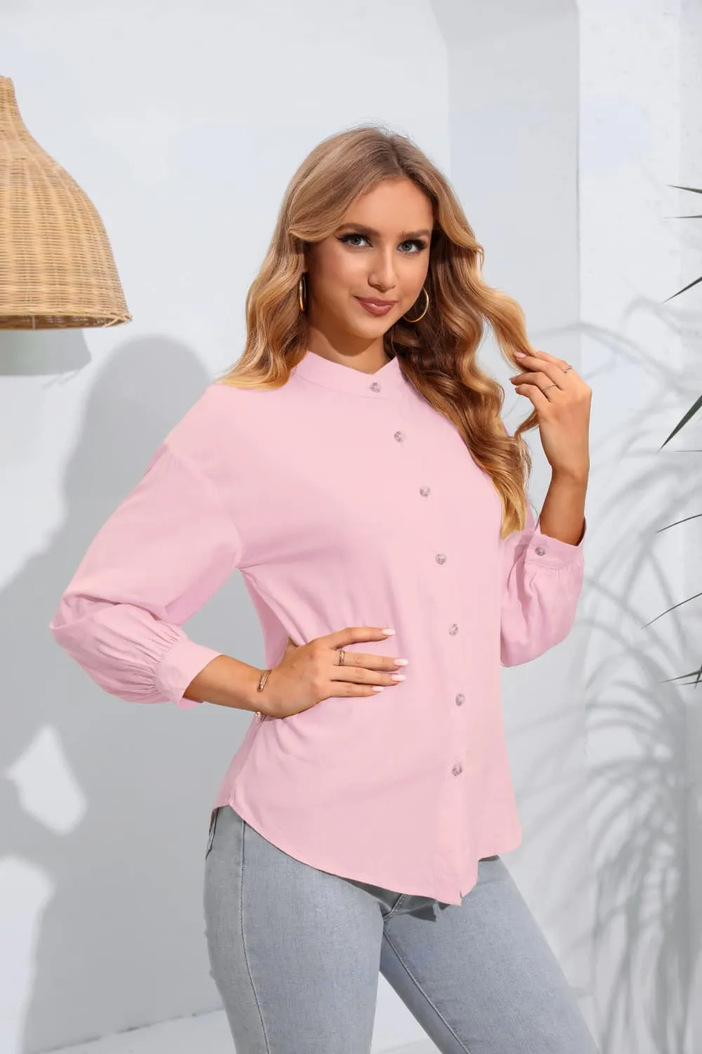Mock Neck Buttoned Long Sleeve Shirt, image 4