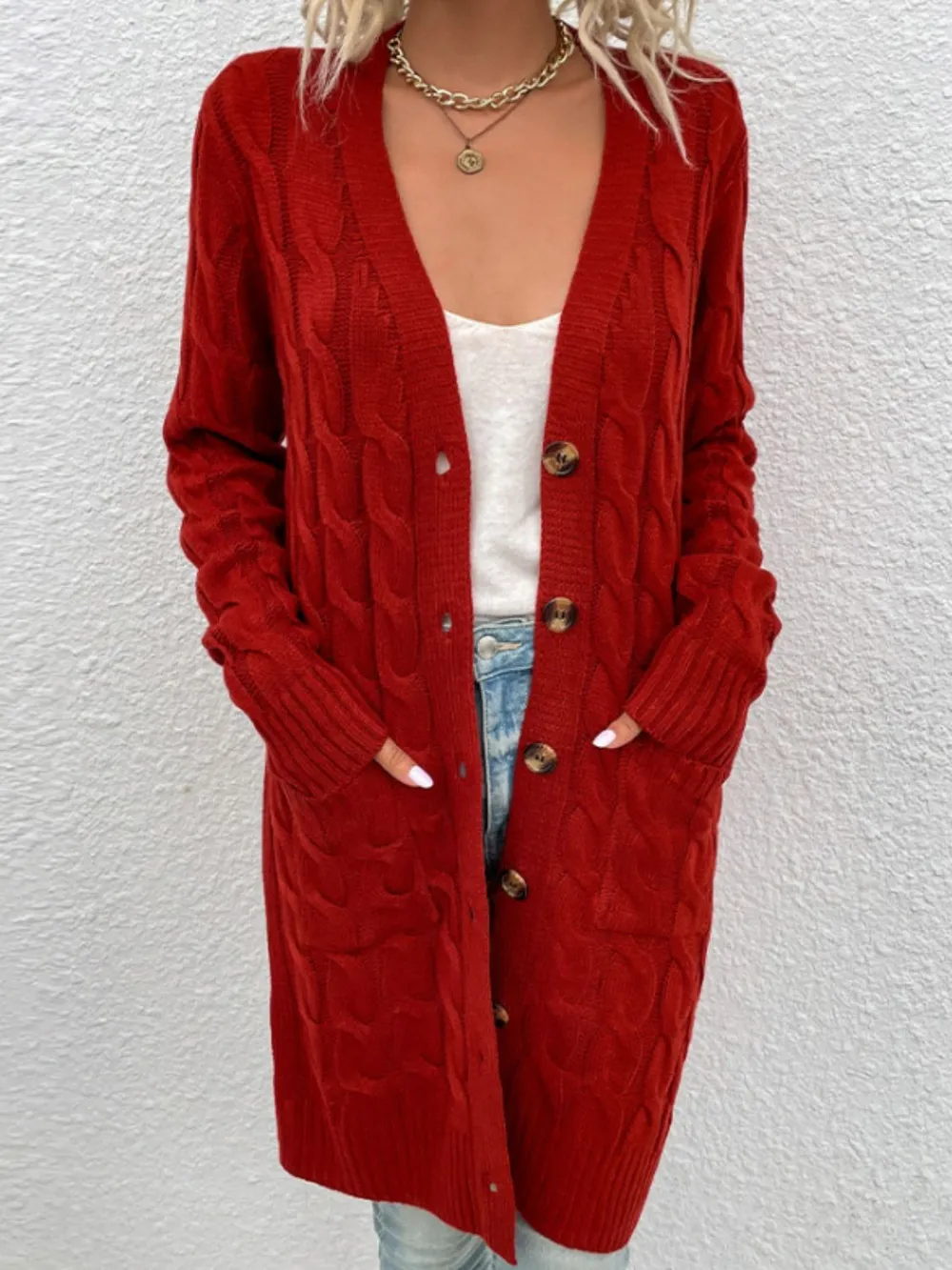 Cable-Knit Button Down Cardigan with Pockets, image 20