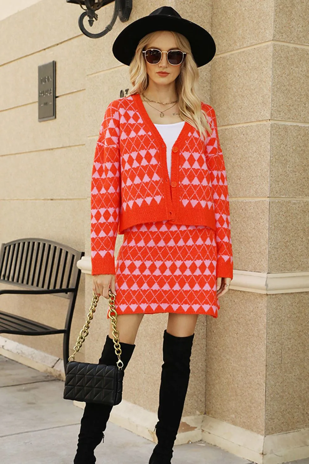 Geometric Dropped Shoulder Cardigan and Knit Skirt Set, image 4
