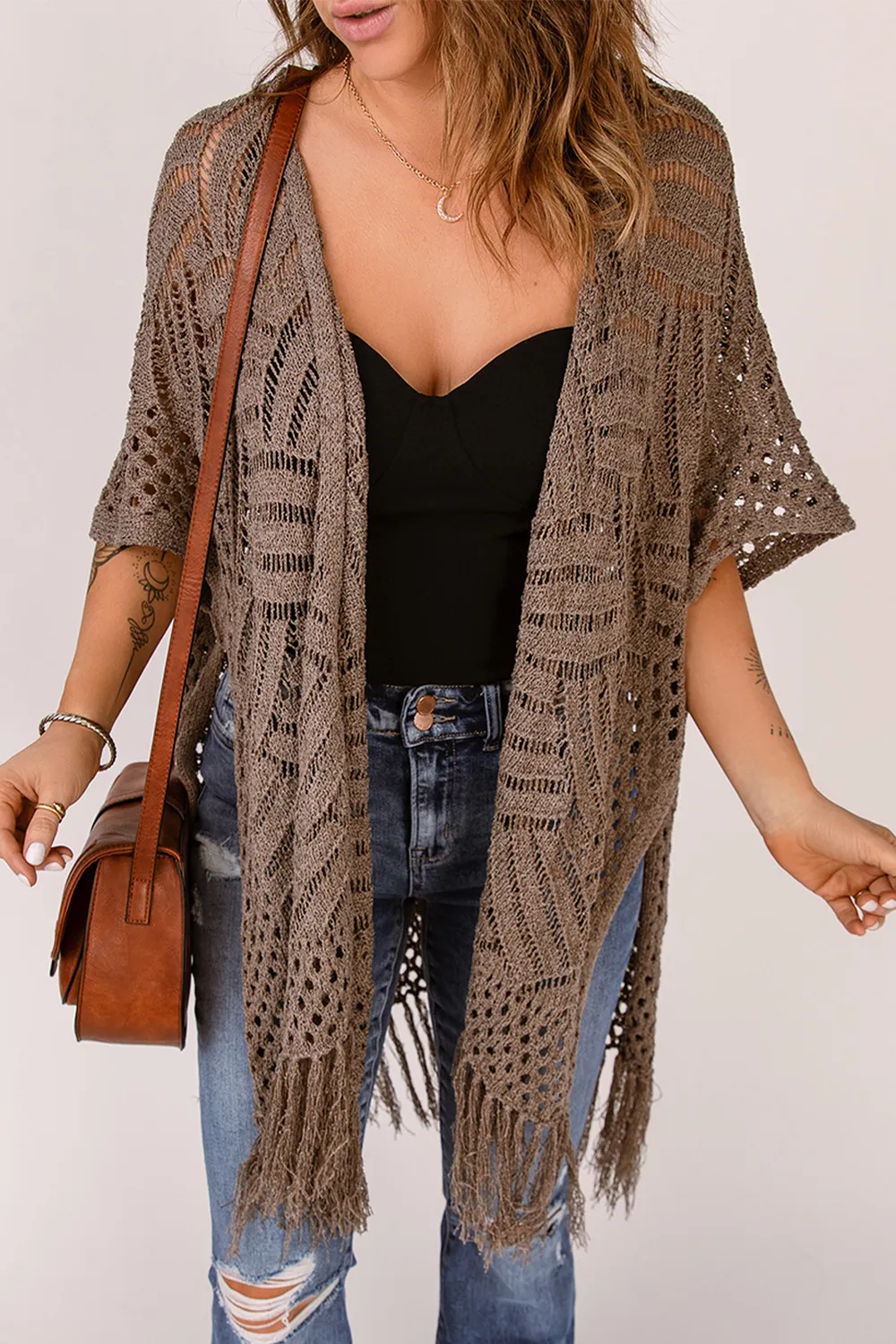 Fringe Hem Slit Open Front Cardigan, image 4