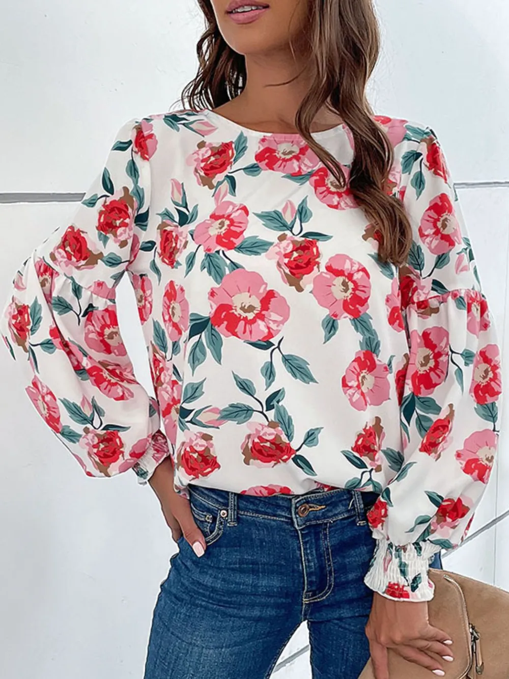 Floral Long Puff Sleeve Round Neck Blouse, image 3