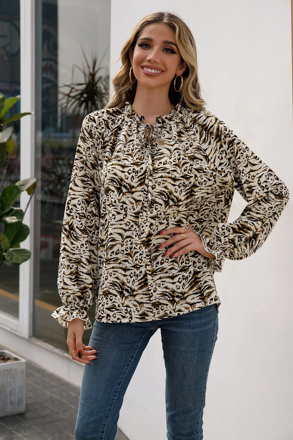 Printed Tie Neck Frill Trim Flounce Sleeve Blouse, image 3