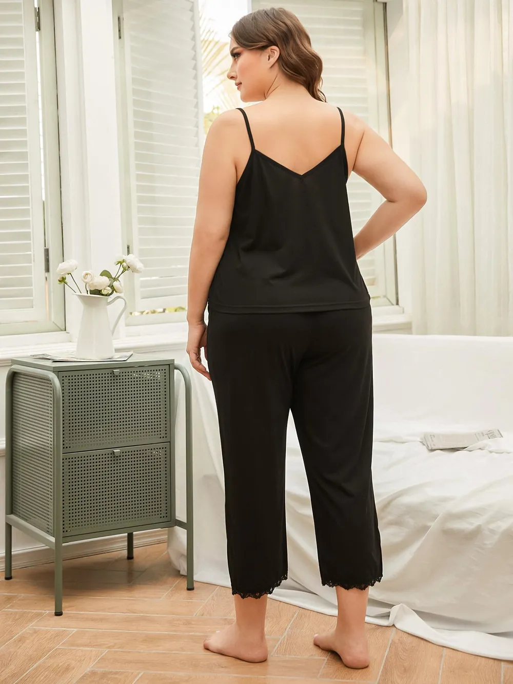 Plus Size Lace Trim Slit Cami and Pants Pajama Set, image 6