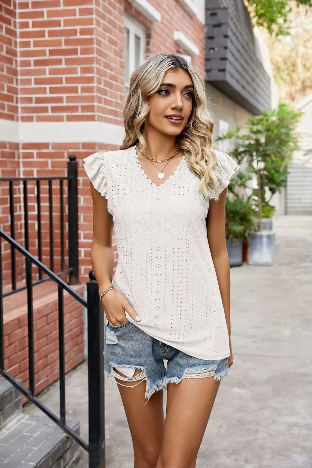 Eyelet Flutter Sleeve Scalloped V-Neck Top, image 8